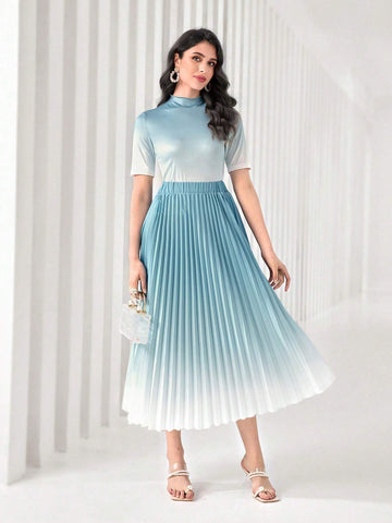 Modely Ombre Mock Neck Tee & Pleated Skirt shein