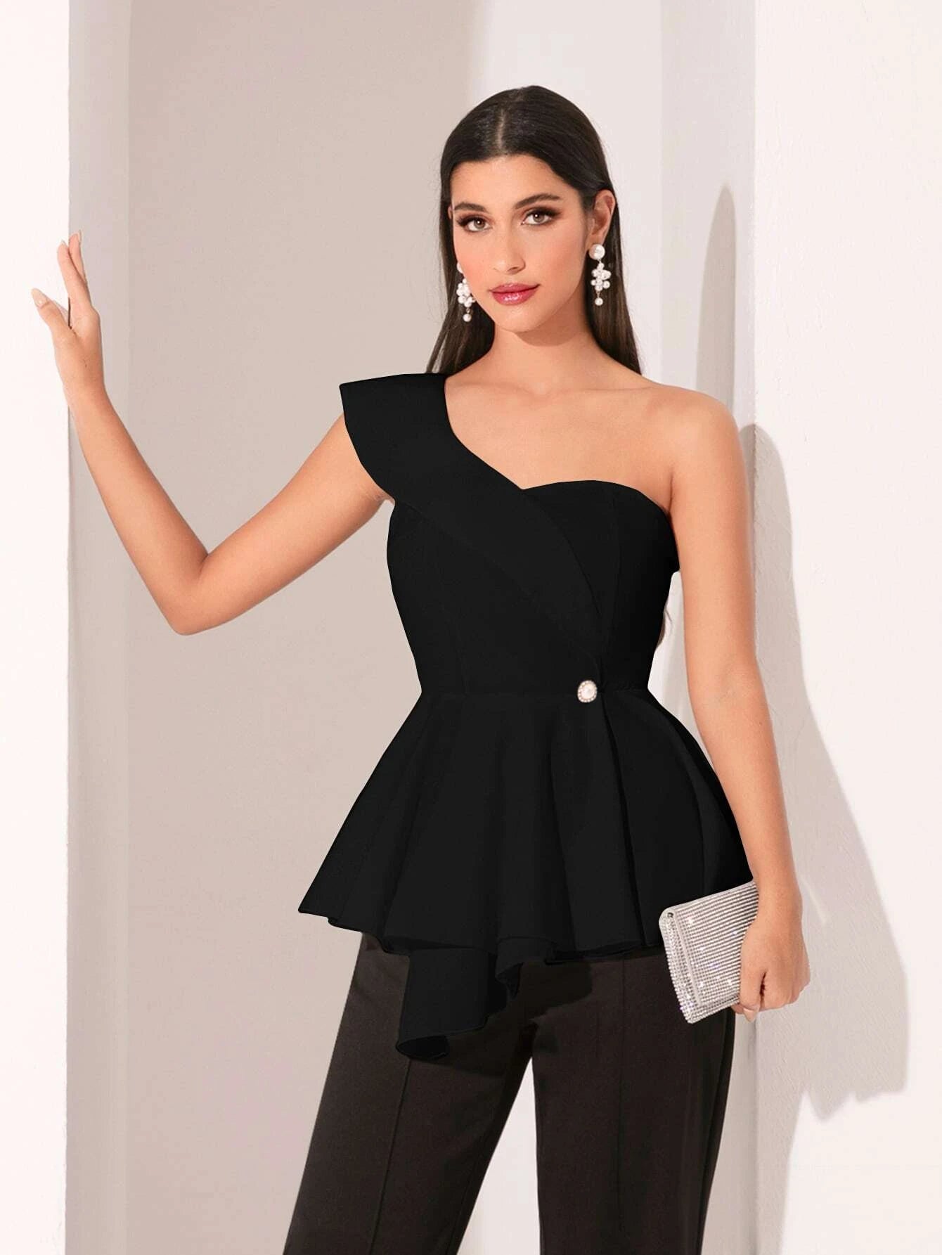 Modely One Shoulder Peplum Top shein