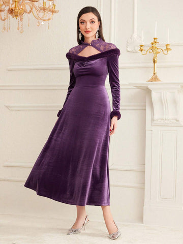 Modely Patchwork Frayed & Hollow Out Design Long Sleeve Dress Without Belt shein