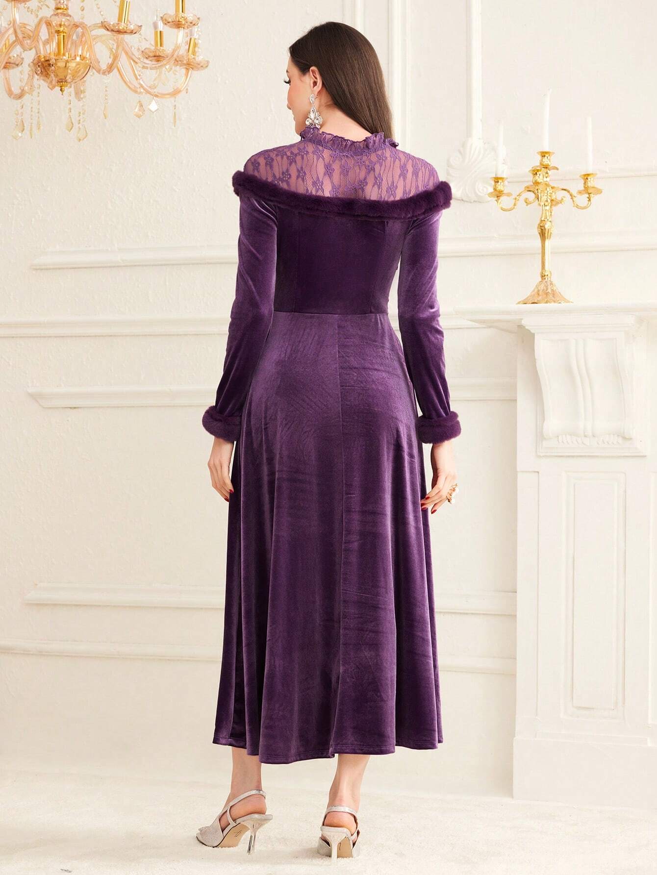 Modely Patchwork Frayed & Hollow Out Design Long Sleeve Dress Without Belt shein