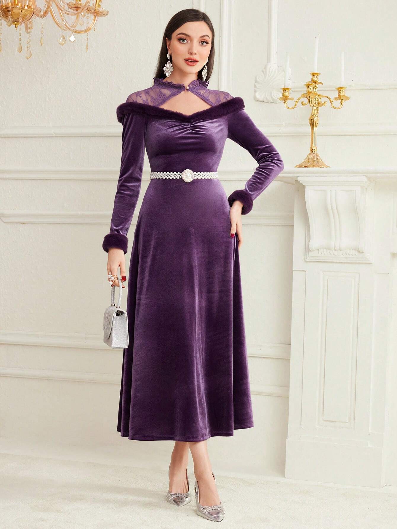 Modely Patchwork Frayed & Hollow Out Design Long Sleeve Dress Without Belt shein