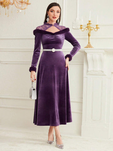 Modely Patchwork Frayed & Hollow Out Design Long Sleeve Dress Without Belt shein