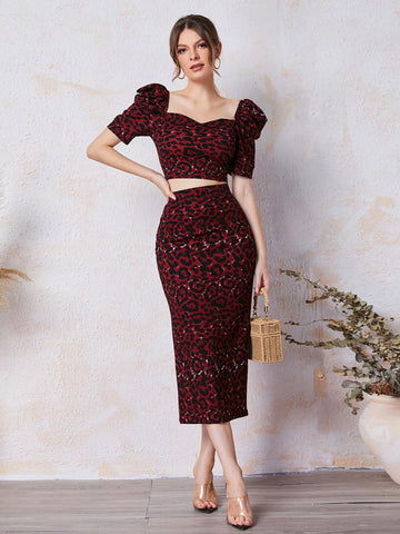 Modely Puff Sleeve Leopard Top & Skirt Set shein