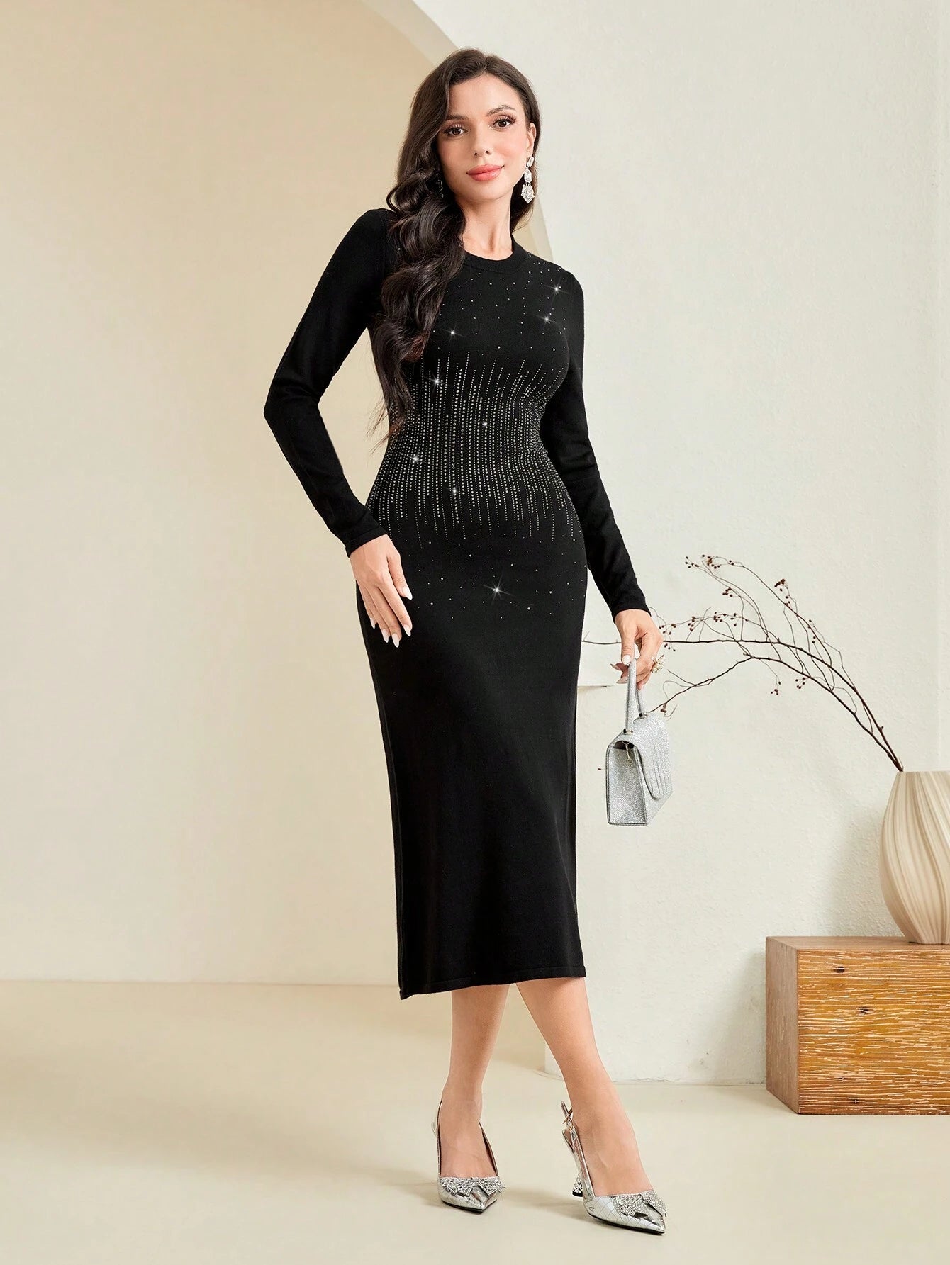 Modely Rhinestone Detail Sweater Dress shein