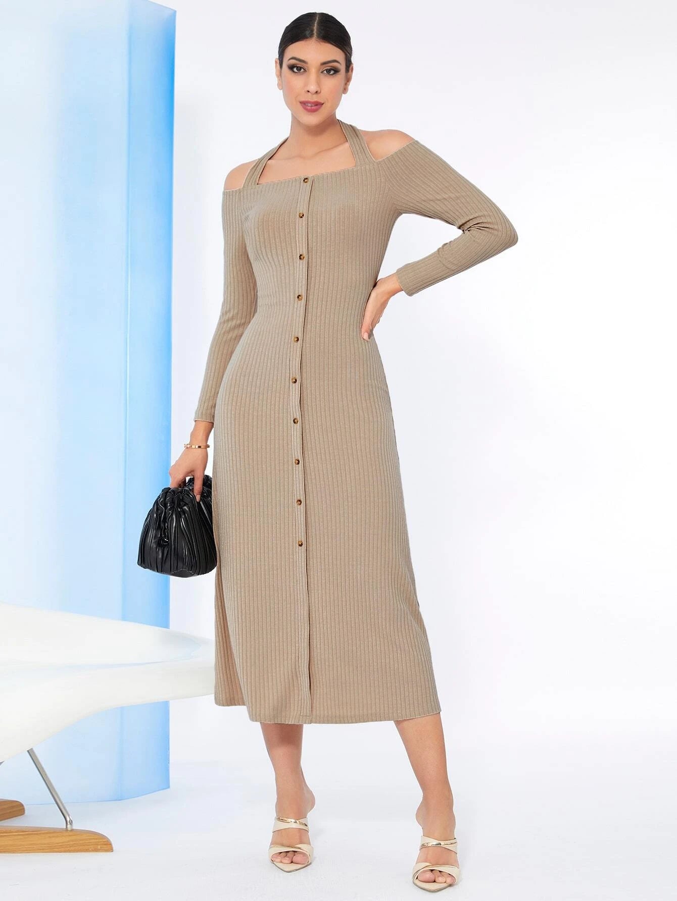 Modely Solid Button Front Ribbed Knit Dress shein