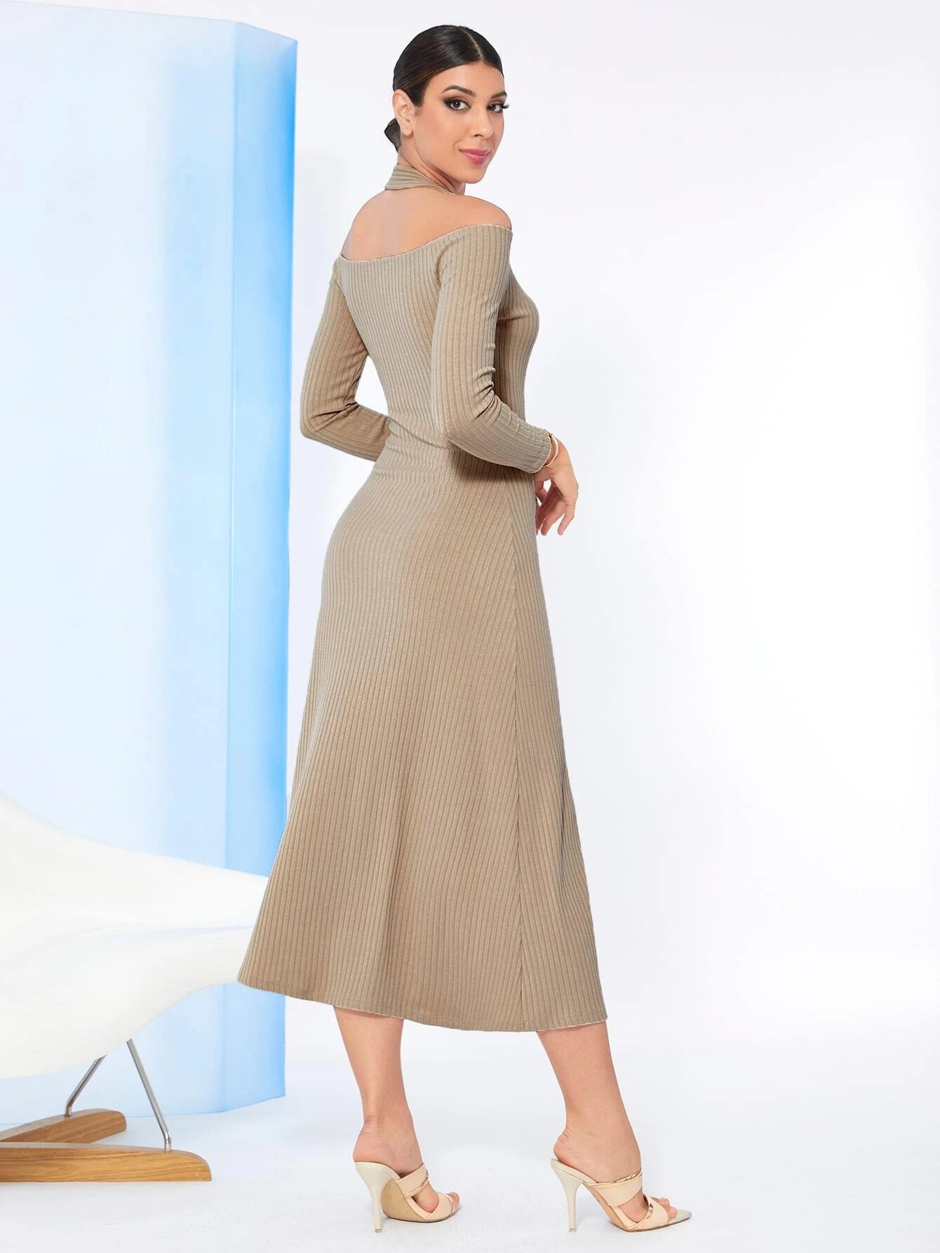 Modely Solid Button Front Ribbed Knit Dress shein