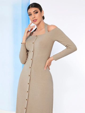 Modely Solid Button Front Ribbed Knit Dress shein