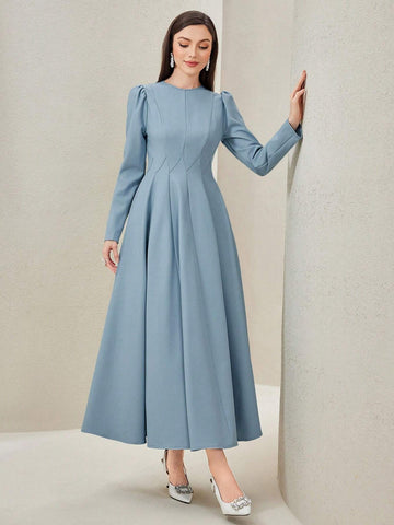 Modely Solid Color Round Neckline Waist-Tied Midi Dress shein