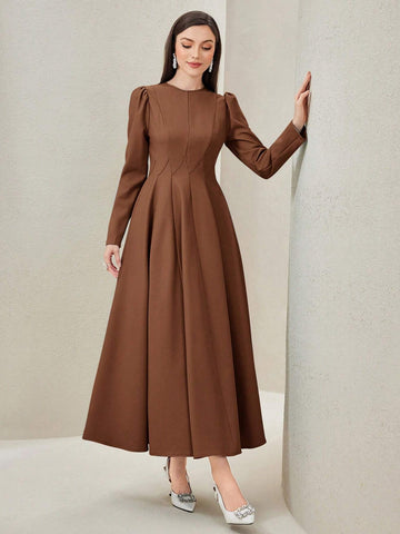 Modely Solid Color Round Neckline Waist-Tied Midi Dress shein