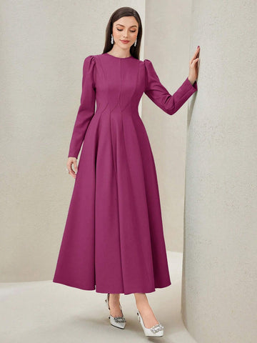 Modely Solid Color Round Neckline Waist-Tied Midi Dress shein