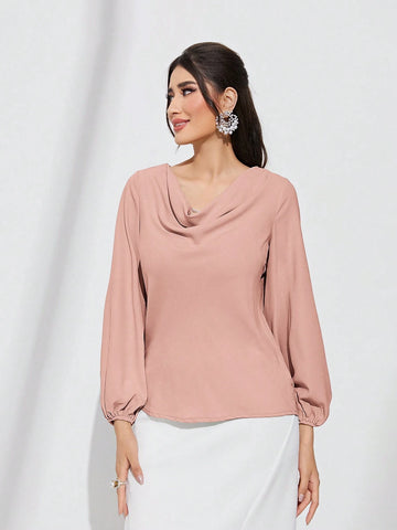 Modely Solid Color V-Neck Lantern Sleeve Casual Shirt shein