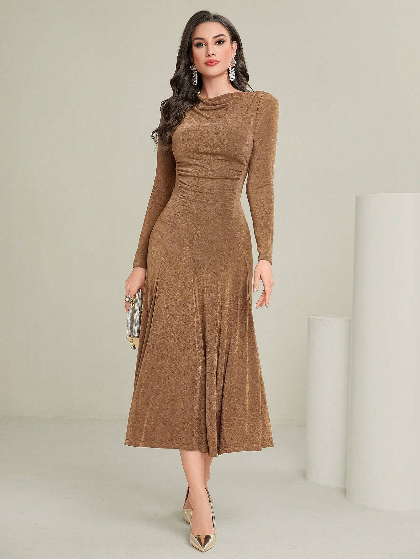 Modely Solid Color Women's Waist Cinching Dress shein