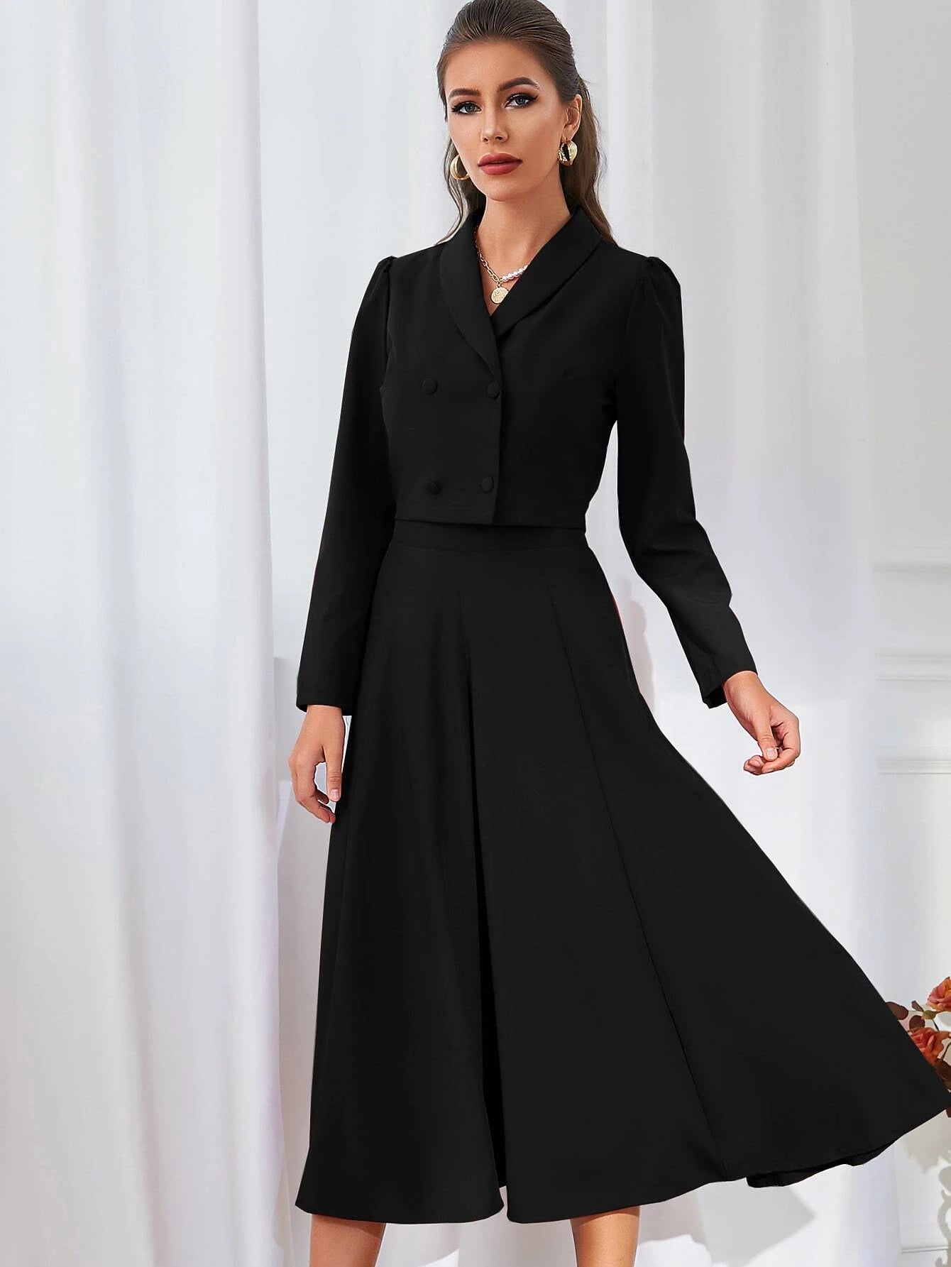 Modely Solid Double Breasted Shawl Collar Blazer & Skirt shein