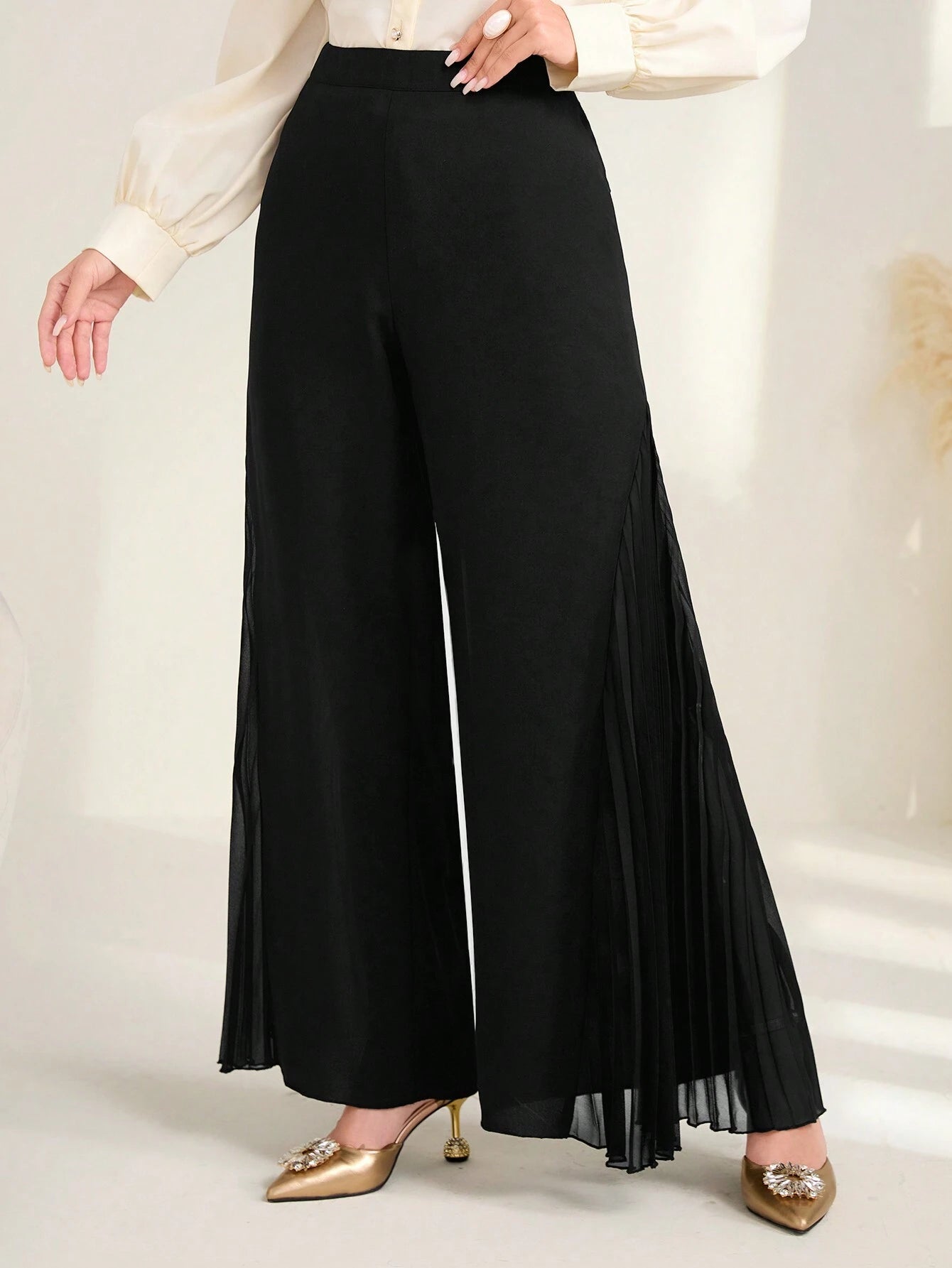 Modely Solid Pleated Panel Wide Leg Pants shein