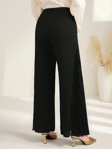 Modely Solid Pleated Panel Wide Leg Pants shein