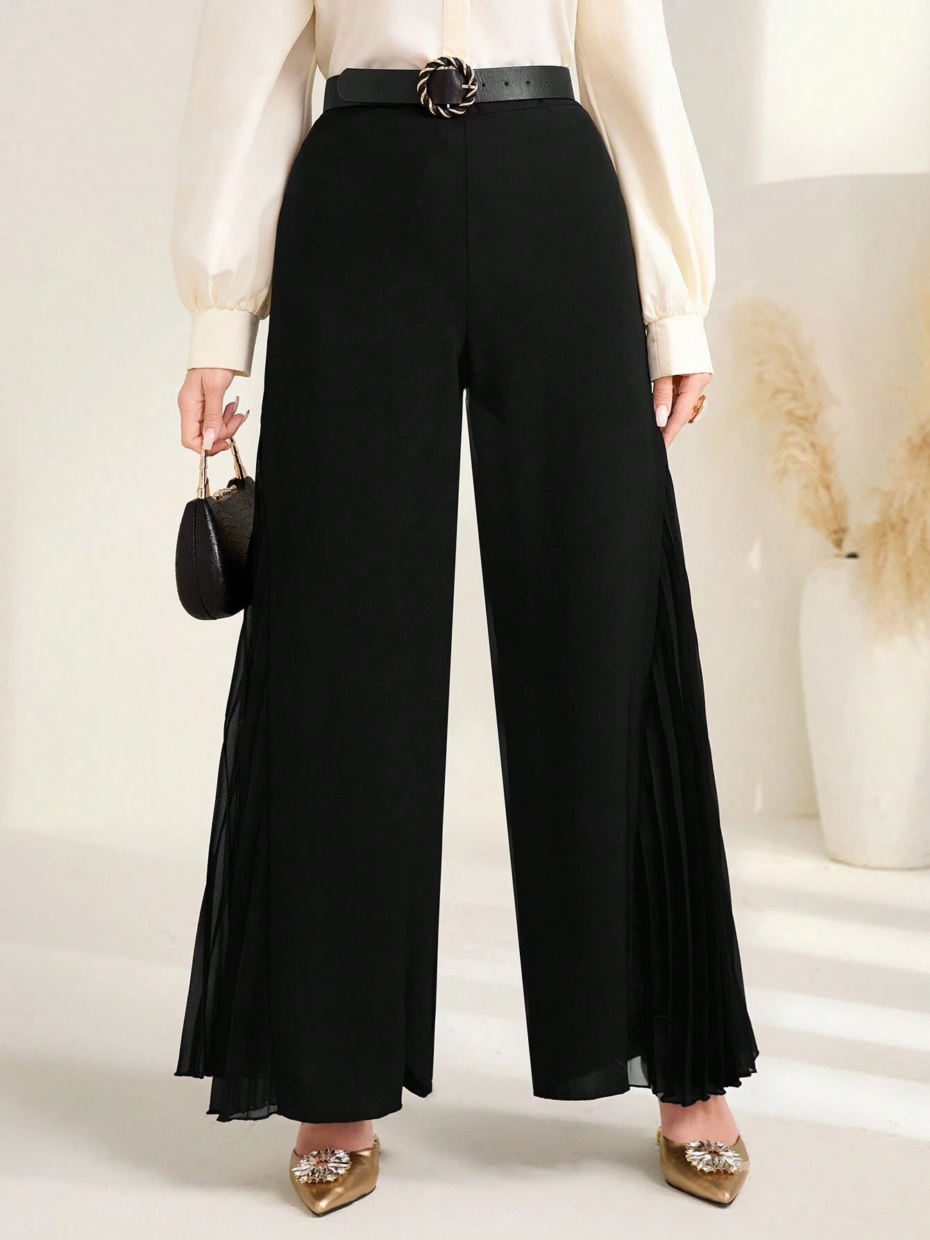 Modely Solid Pleated Panel Wide Leg Pants shein
