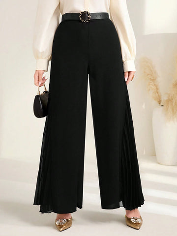 Modely Solid Pleated Panel Wide Leg Pants shein