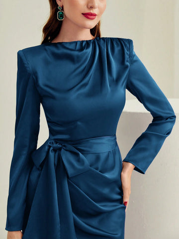 Modely Solid Ruched Knot Side Satin Dress shein