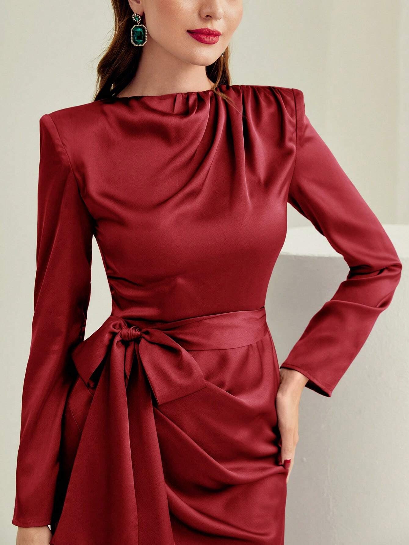 Modely Solid Ruched Knot Side Satin Dress shein