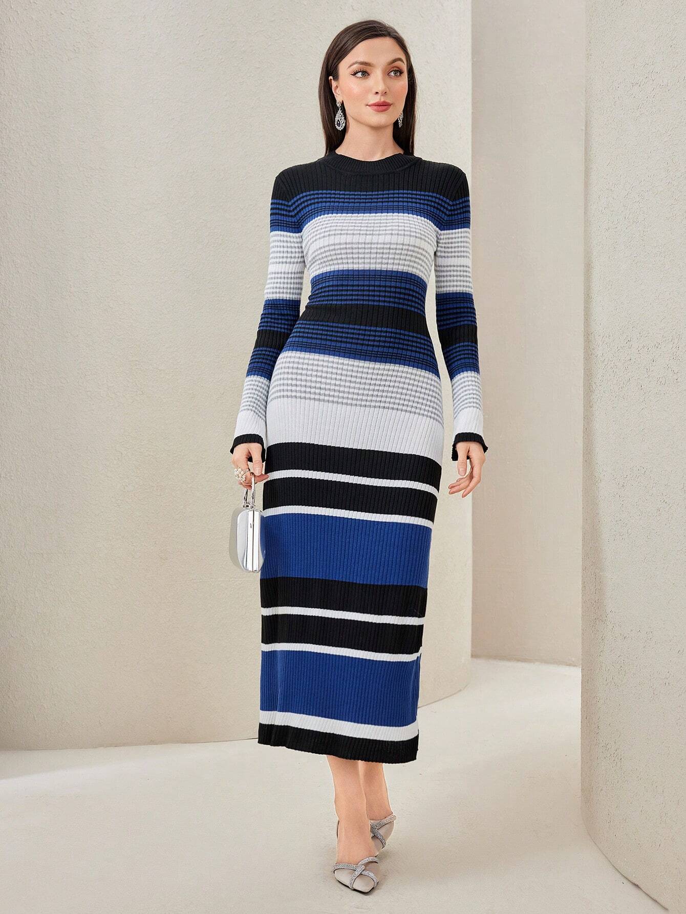 Modely Striped Pattern Colorblock Sweater Dress shein