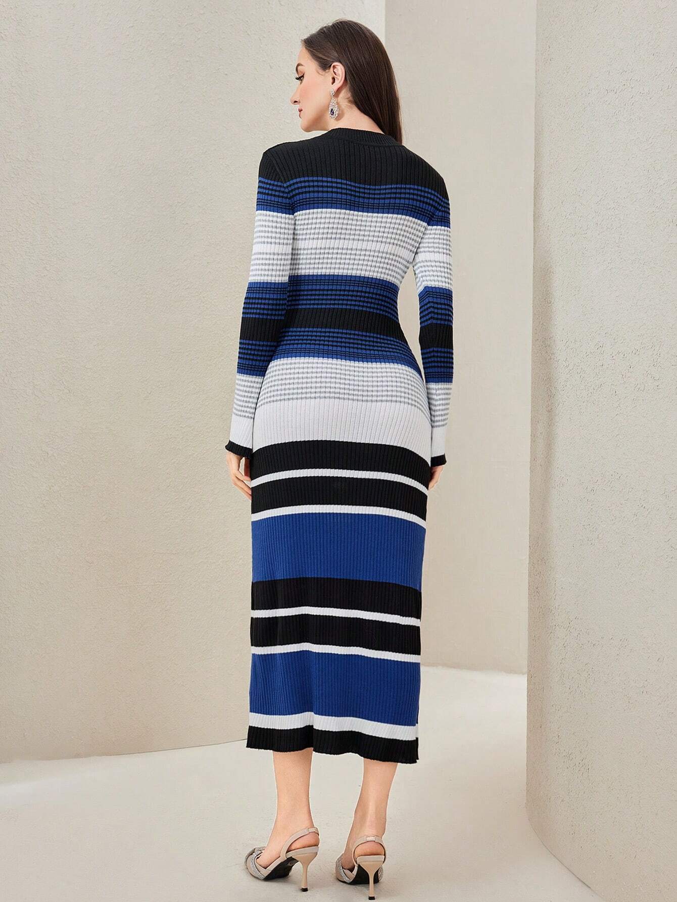 Modely Striped Pattern Colorblock Sweater Dress shein