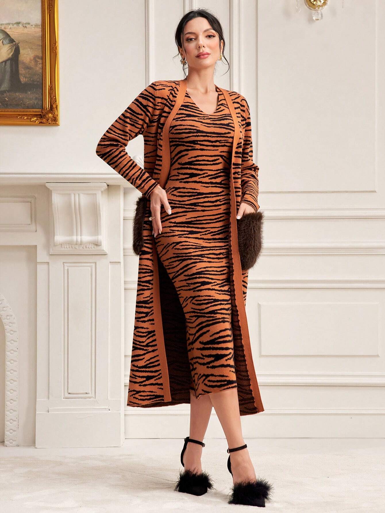 Modely Tiger Skin Pattern Sweater Dress & Open Front Cardigan shein