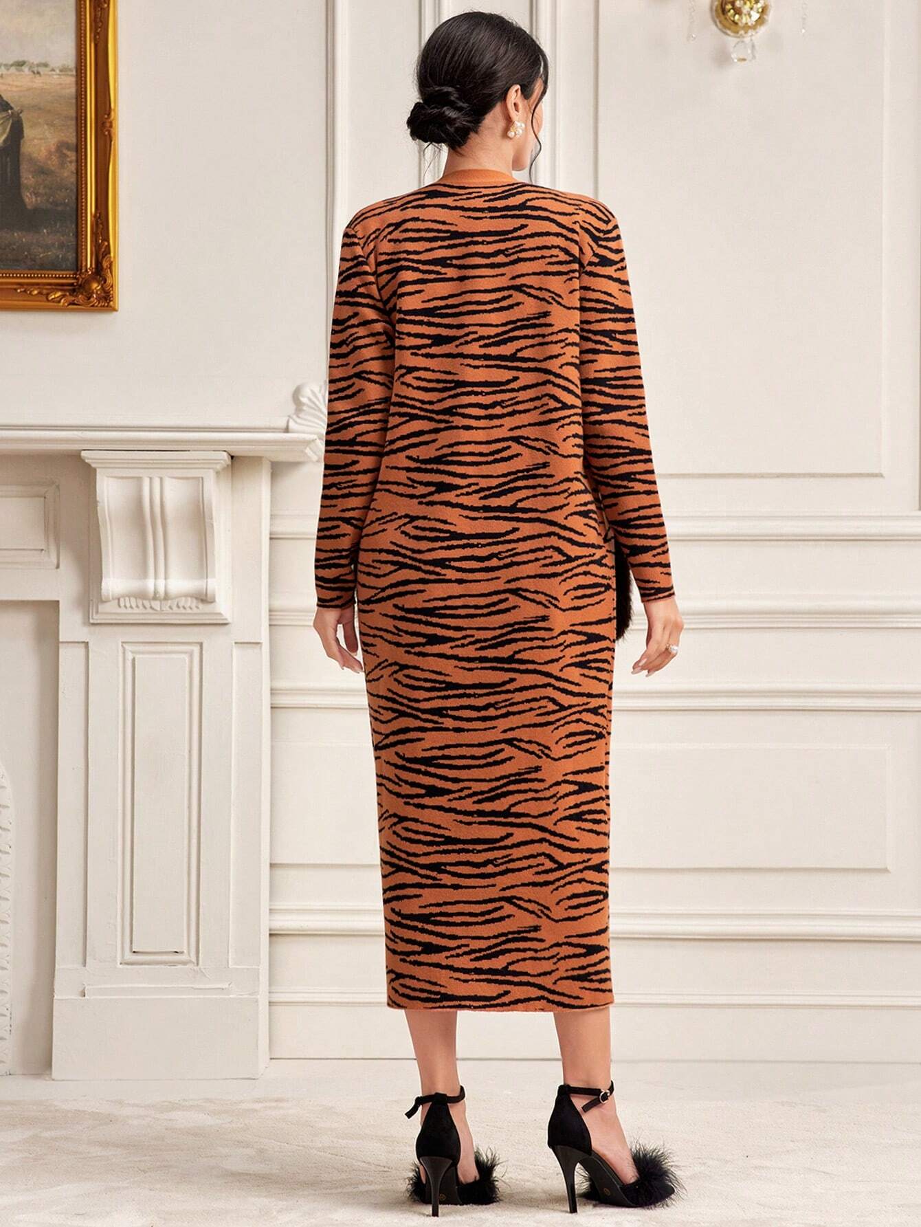 Modely Tiger Skin Pattern Sweater Dress & Open Front Cardigan shein