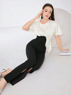 Modely Women'S Colorblock Pleated Top And Split Hem Pants Set shein