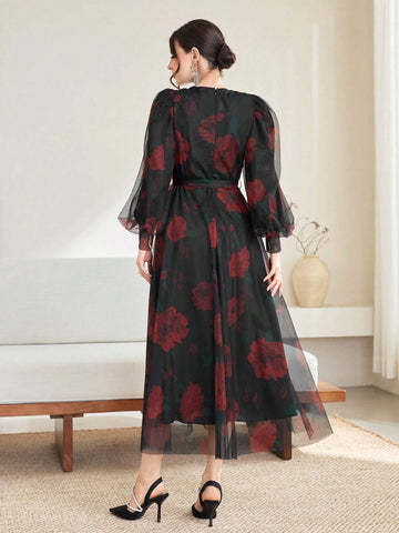 Modely Women's Rose Printed Mesh Lantern Sleeve Dress With Belt shein