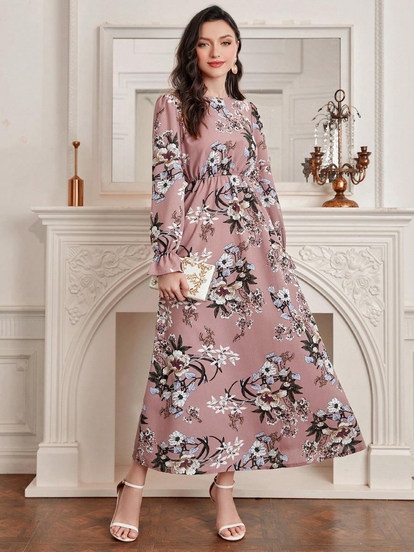 Modely Floral Print Flare Sleeve Dress shein