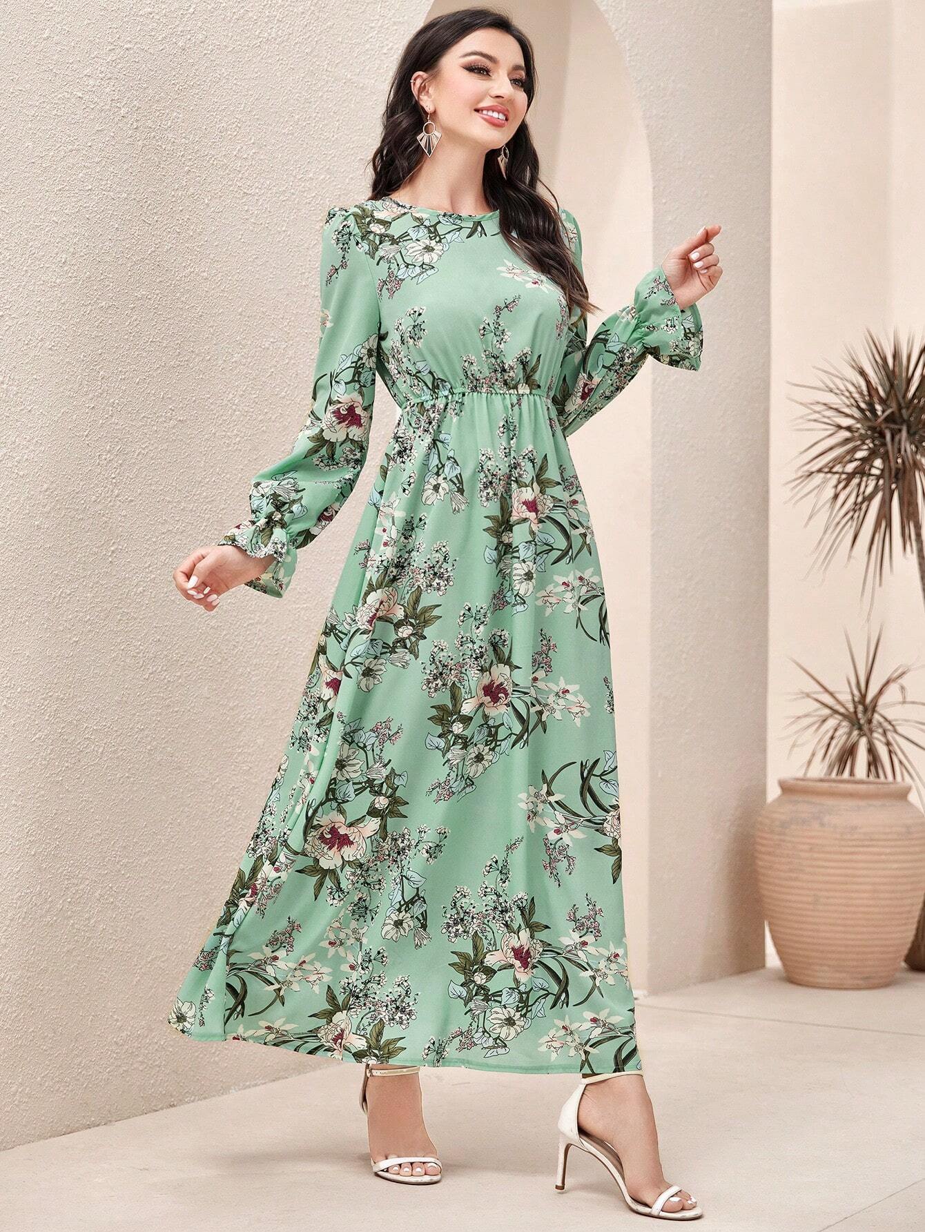 Modely Floral Print Flare Sleeve Dress shein