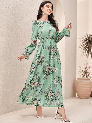 Modely Floral Print Flare Sleeve Dress shein