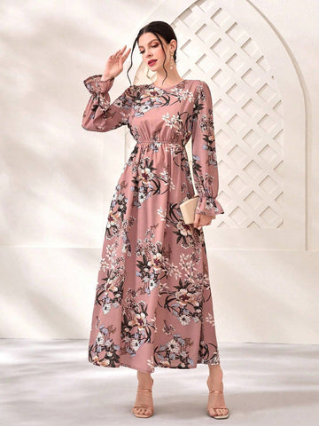 Modely Floral Print Flare Sleeve Dress shein