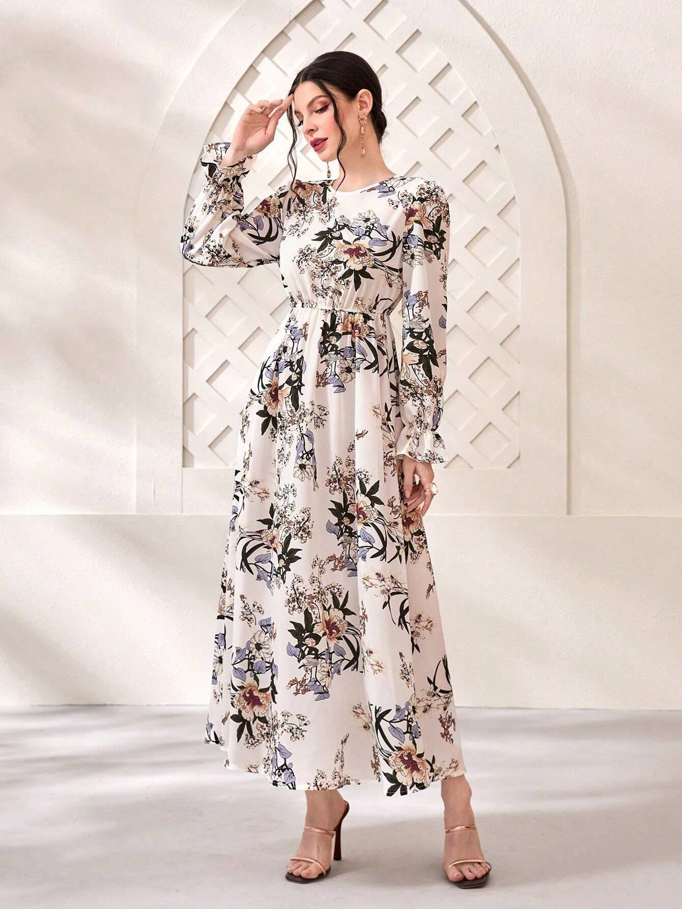 Modely Floral Print Flare Sleeve Dress shein