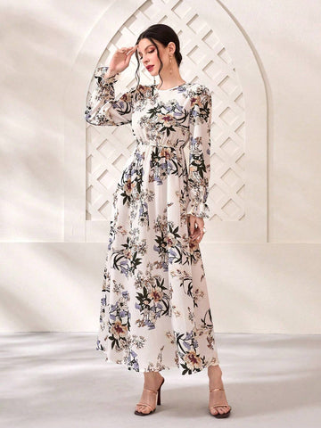 Modely Floral Print Flare Sleeve Dress shein