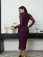Long Sleeve Stand Collar Mesh Contrast Pleated Elegant Dress