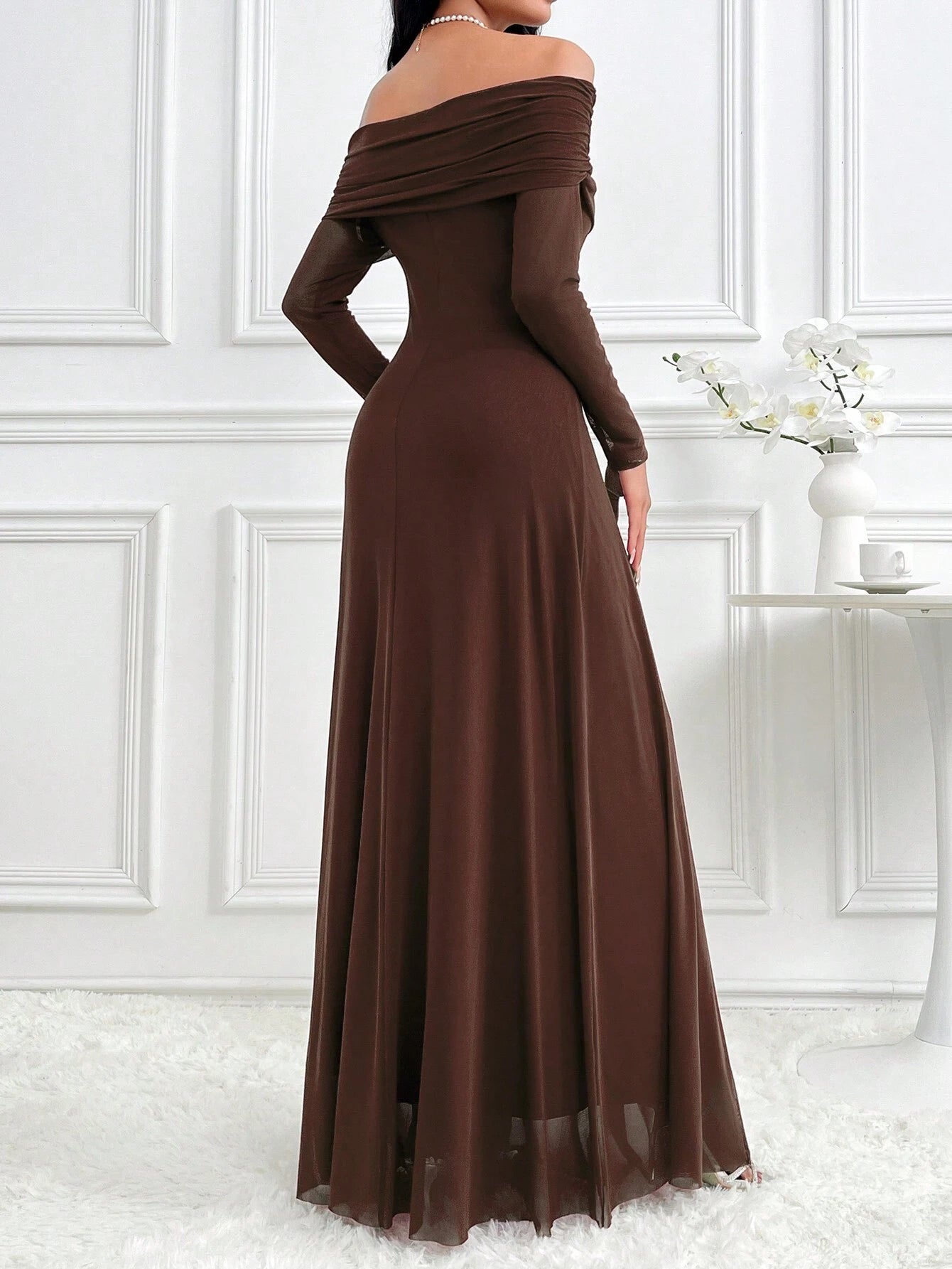 Modelyn Women's Solid Color Off Shoulder Long Sleeve Slim Fit Dress shein