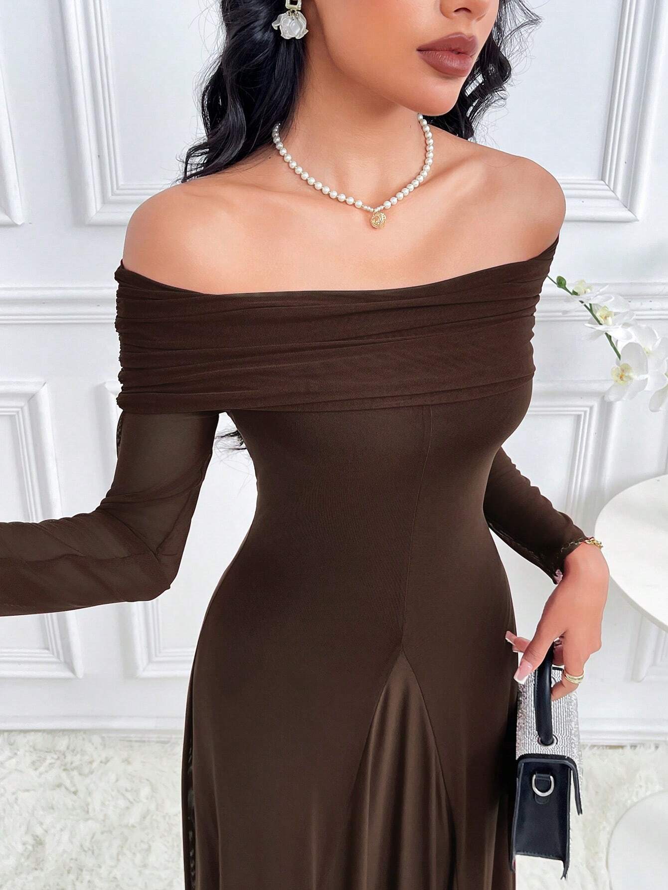 Modelyn Women's Solid Color Off Shoulder Long Sleeve Slim Fit Dress shein