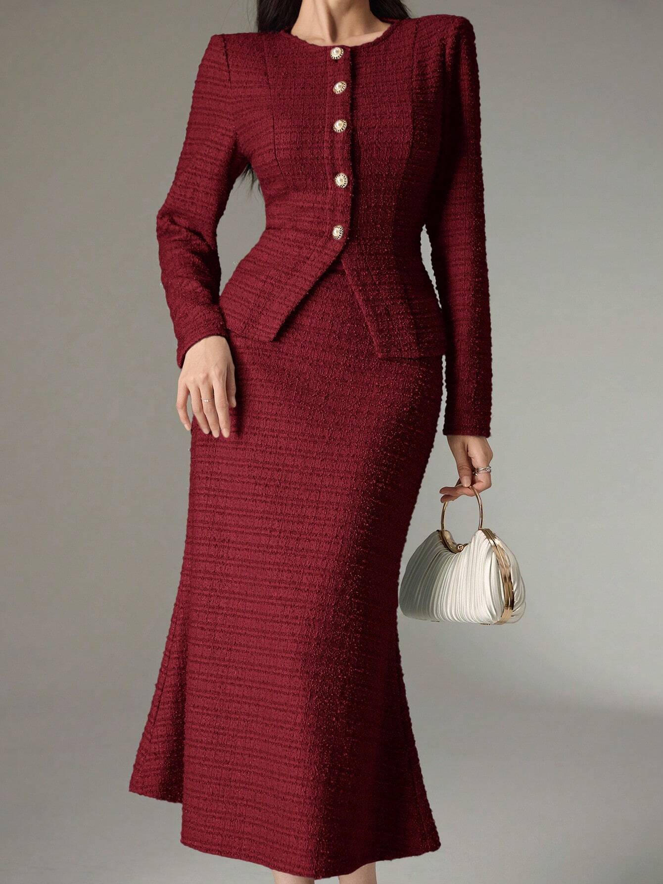 Solid Color Round Neck Long Sleeve Single-Breasted Jacket And Fish Tail Midi Skirt