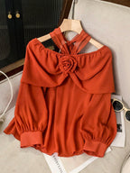 Modelyn 3D Floral Shoulder Tie Front Off Shoulder Long Sleeve Women Blouse shein