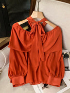 Modelyn 3D Floral Shoulder Tie Front Off Shoulder Long Sleeve Women Blouse shein