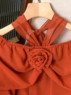 Modelyn 3D Floral Shoulder Tie Front Off Shoulder Long Sleeve Women Blouse shein