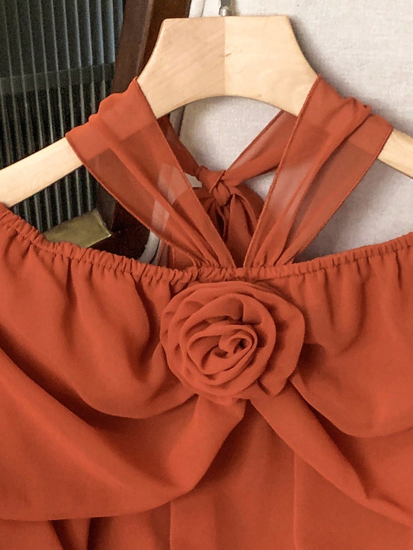 Modelyn 3D Floral Shoulder Tie Front Off Shoulder Long Sleeve Women Blouse shein