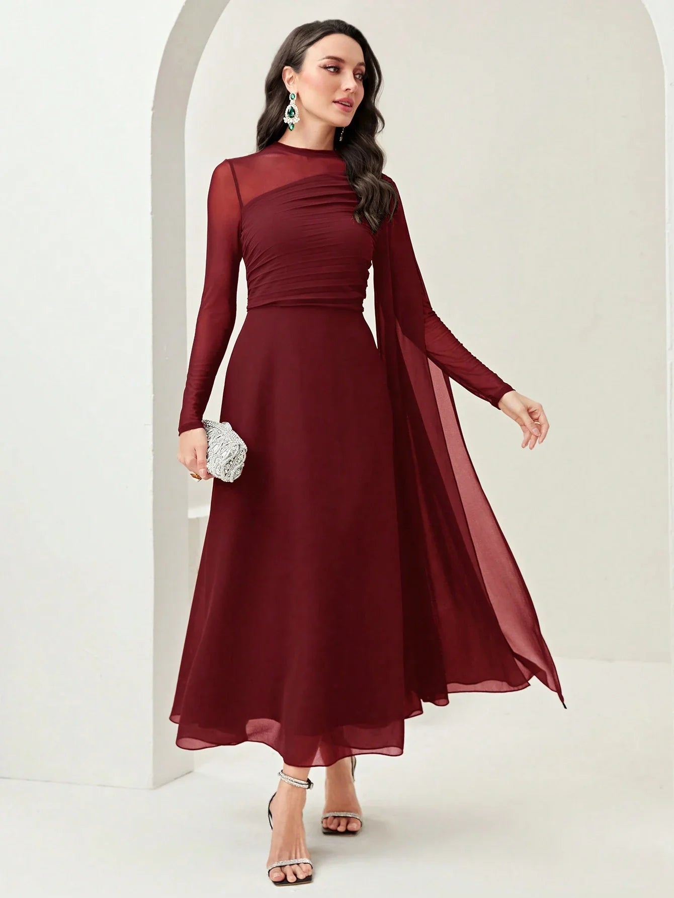 Women's Round Neck Long Sleeve Mesh Contrast Ruffle Maxi Elegant Dress shein