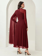 Women's Round Neck Long Sleeve Mesh Contrast Ruffle Maxi Elegant Dress shein