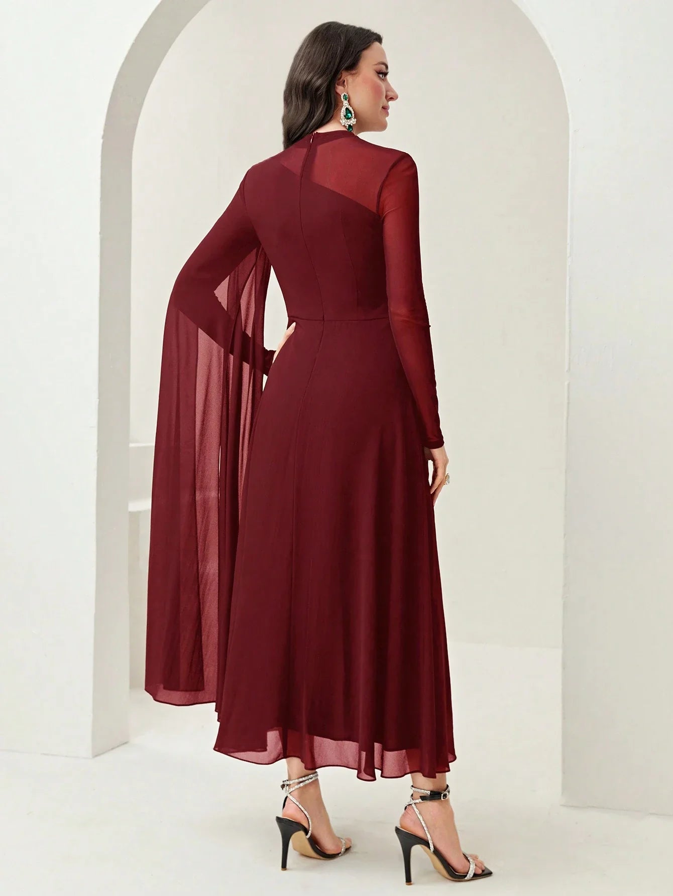 Women's Round Neck Long Sleeve Mesh Contrast Ruffle Maxi Elegant Dress shein