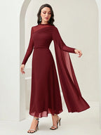 Women's Round Neck Long Sleeve Mesh Contrast Ruffle Maxi Elegant Dress shein