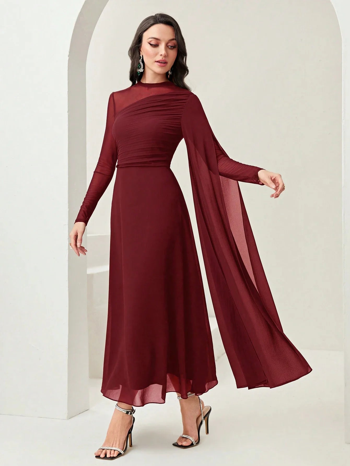 Women's Round Neck Long Sleeve Mesh Contrast Ruffle Maxi Elegant Dress shein