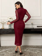 Long Sleeve Stand Collar Mesh Contrast Pleated Elegant Dress