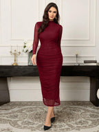Long Sleeve Stand Collar Mesh Contrast Pleated Elegant Dress